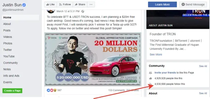Justin Sun’s Twitter Account Reaches 1 Mln Followers, Part of Those Suspected to Be Fake