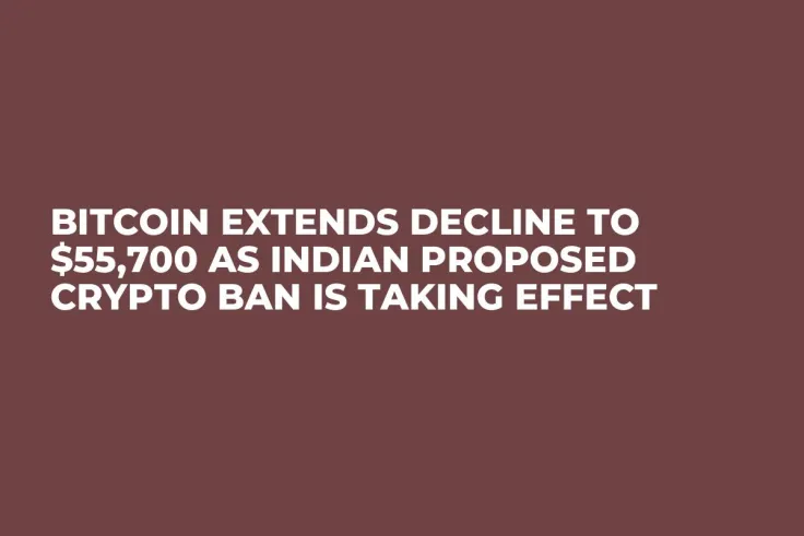 Bitcoin Extends Decline to $55,700 As Indian Proposed Crypto Ban Is Taking Effect