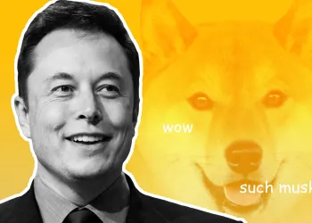 Black and white picture of Elon Musk with a Dogecoin Shiba Inu dog behind him