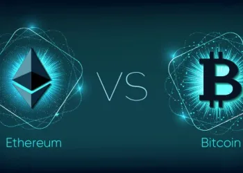 Ethereum and bitcoin symbols with versus written in the middle of them