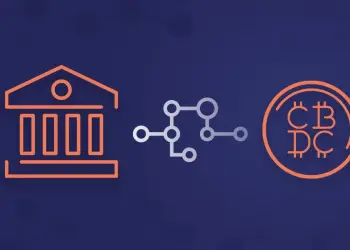 Drawing of a bank like the european central bank with a circuit image depicting a connect to a cbdc