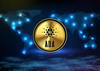 Picture of an ADA coin with light points at different locations on a world map behind it