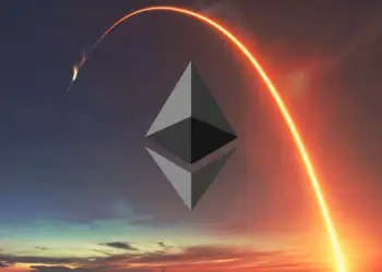 Picture of a rocket flying over an Ethereum logo