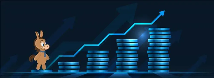 Picture of an animated donkey climbing up stairs made of stacked coins and an upward arrow