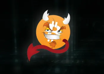Picture of Bitcoin superimposed on a devil smiley