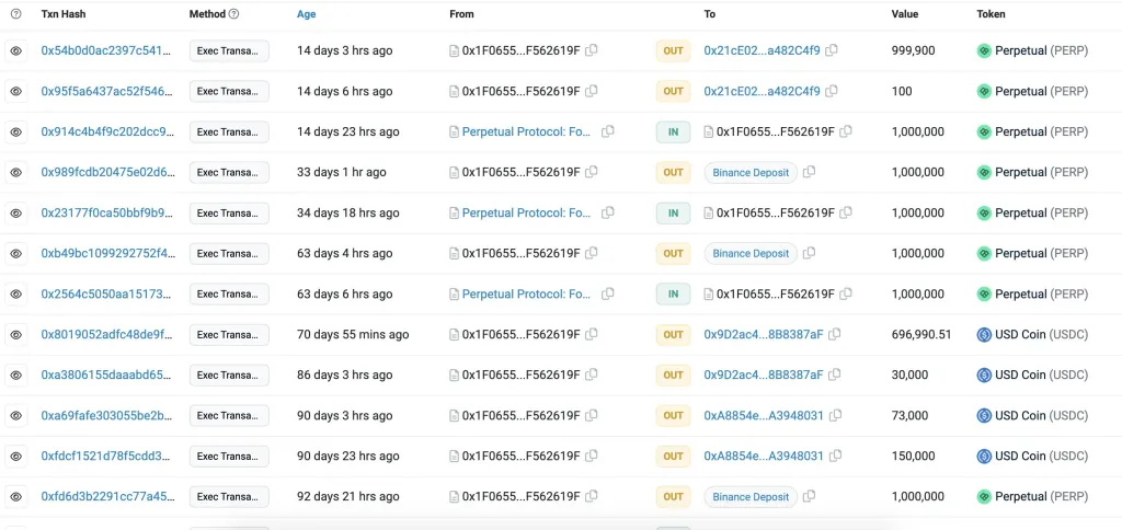 PERP transfers to Binance: Etherscan