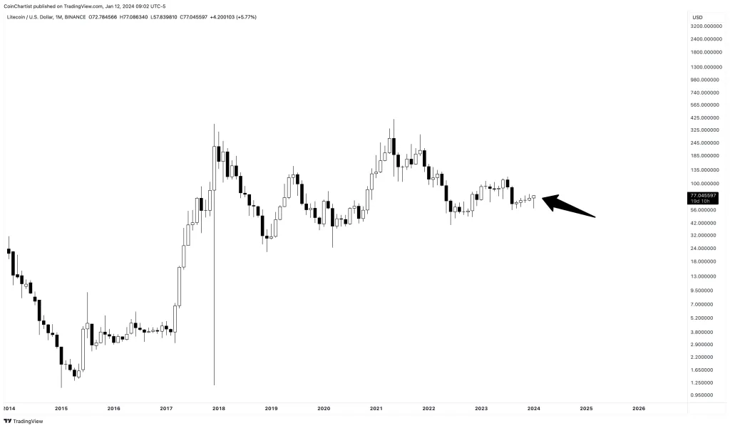 LTC bullish in monthly chart | Source: Tony "The Bull" via X