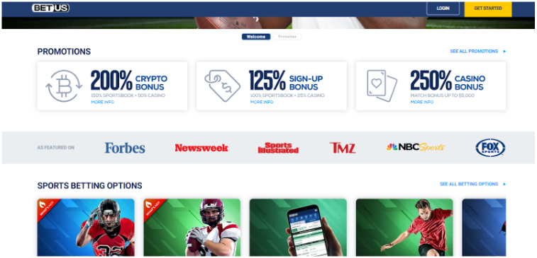 BetUS homepage with offshore betting options