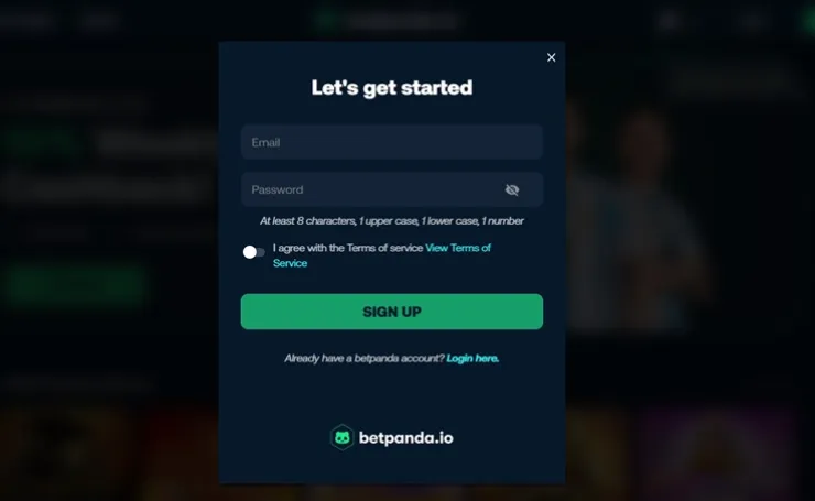 betpanda sign up form - get started