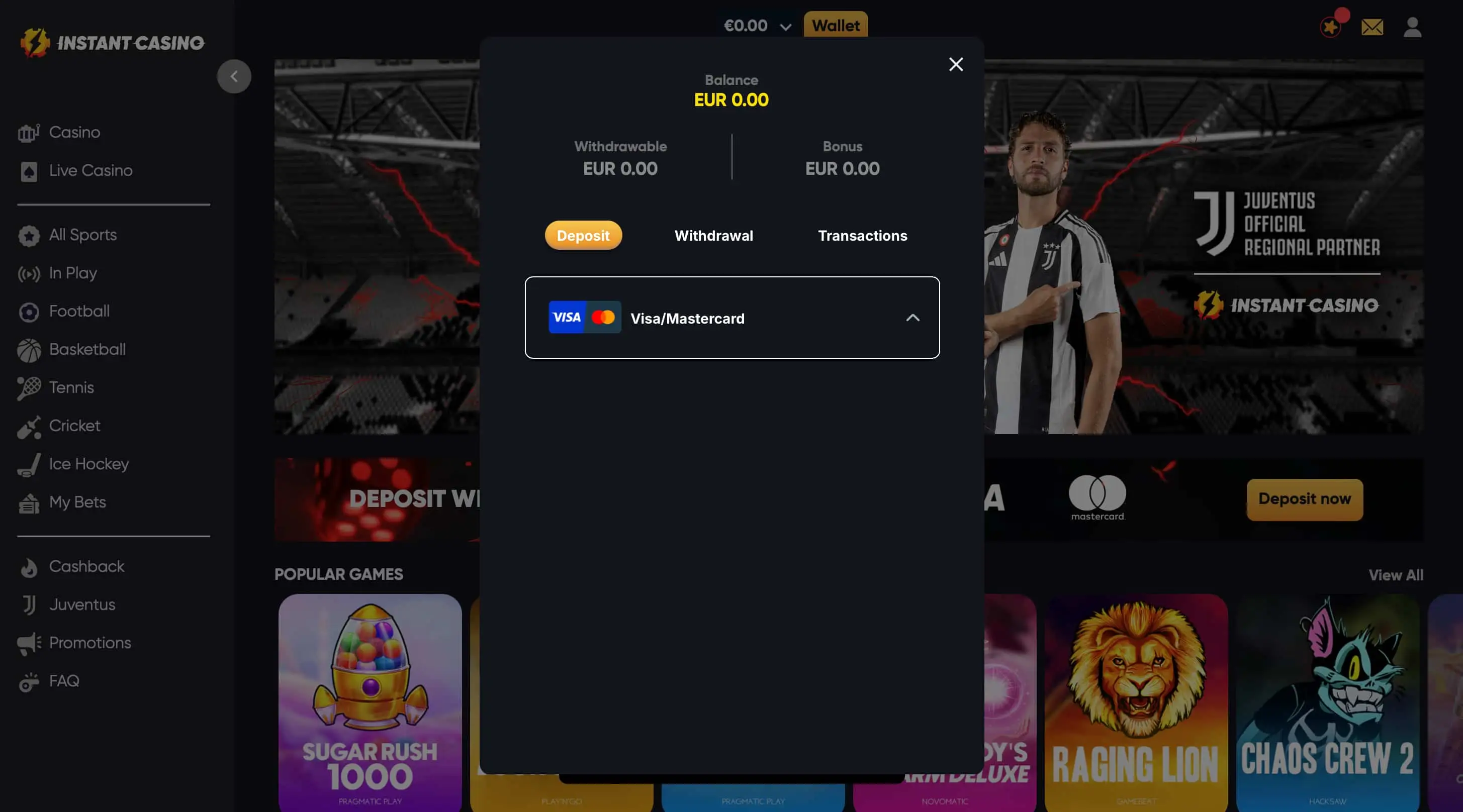 instant casino deposits with visa or mastercard