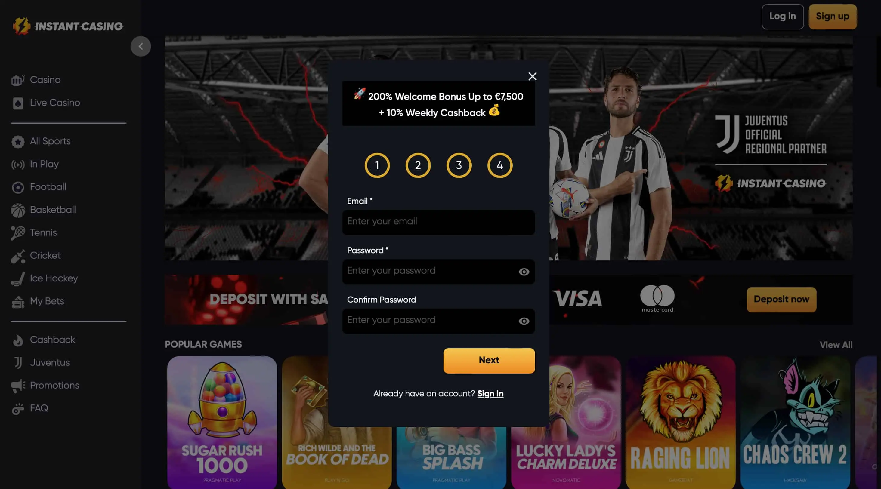 Instant Casino registration form
