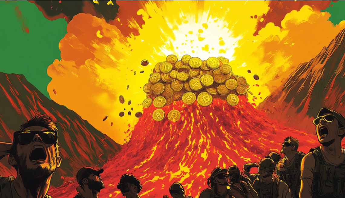 Cryptocurrencies exploding from an erupting volcano
