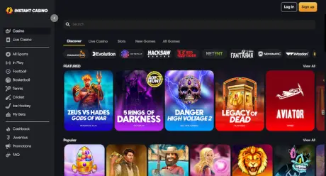 The homepage of Instant Casino