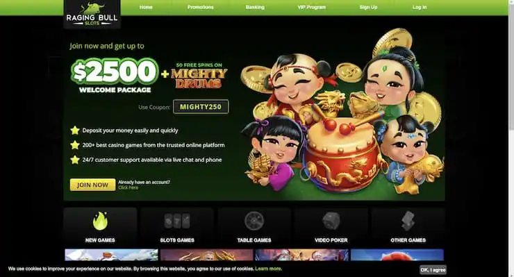 Screenshot of Raging Bull Casino homepage as the top PA online casino