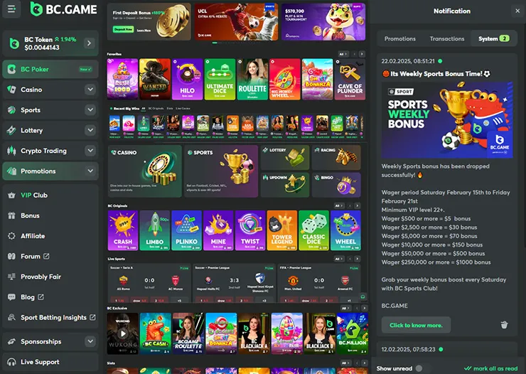 bc game games welcome bonus menu on homepage