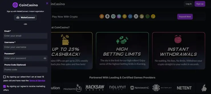 Creating an account at CoinCasino