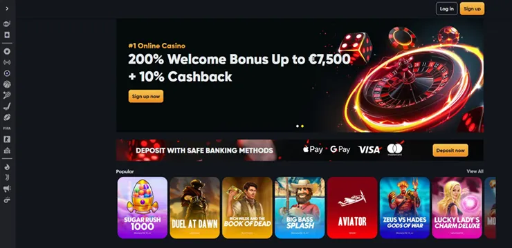 instant casino welcome bonus and games on homepage