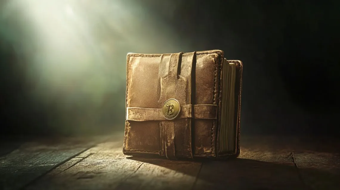 ビットコインマークがついた革製のウォレット