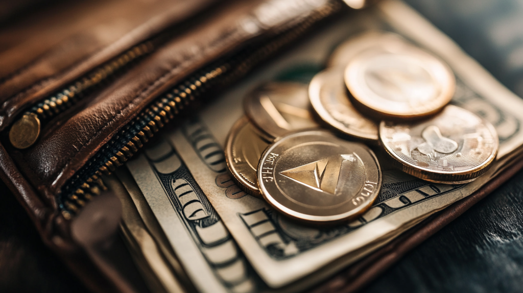 財布の中に入っているイーサリアムとお金