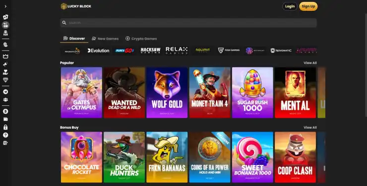 screenshot of Lucky Block's selection of crypto casino games