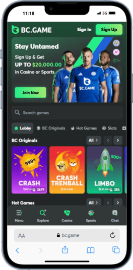A mobile homepage screenshot of BC.Game, a top Malaysian betting site