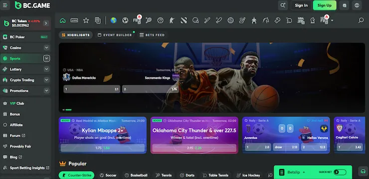 BC.Game's sports betting page
