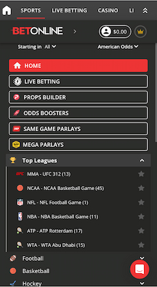 The mobile homepage for BetOnline New Jersey sports betting