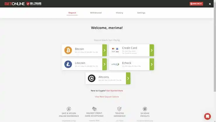 Deposit at BetOnline with Bitcoin or Credit Card