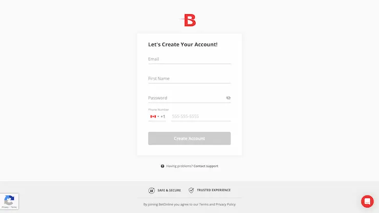 Second step of signing up at BetOnline
