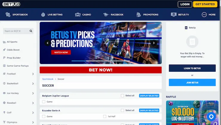 The homepage of soccer betting at BetUS