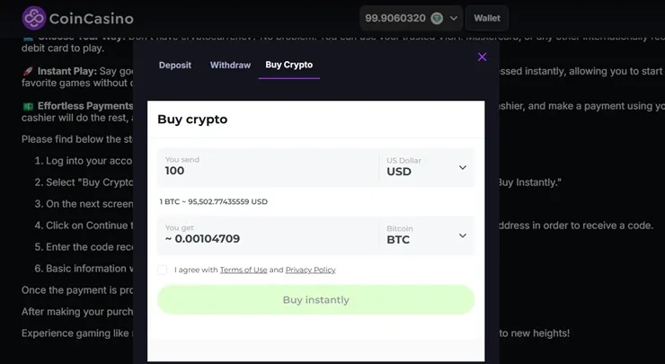 screenshot of coincasino buy crypto feature so you can earn crypto playing games