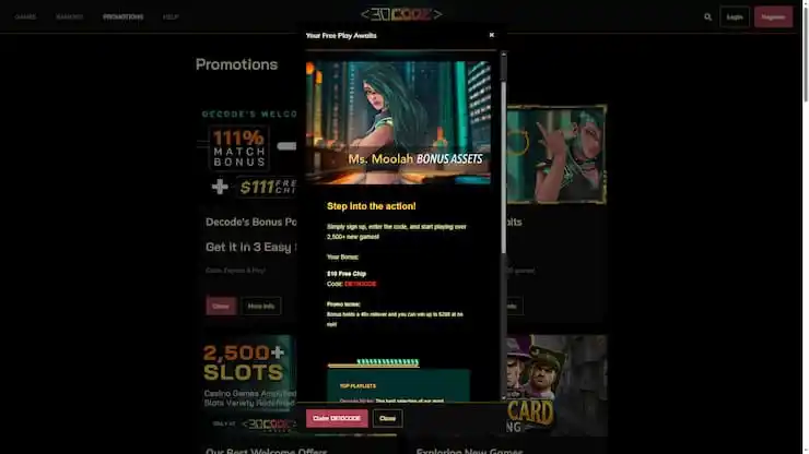 screenshot of Decode Casino $10 free chip promo