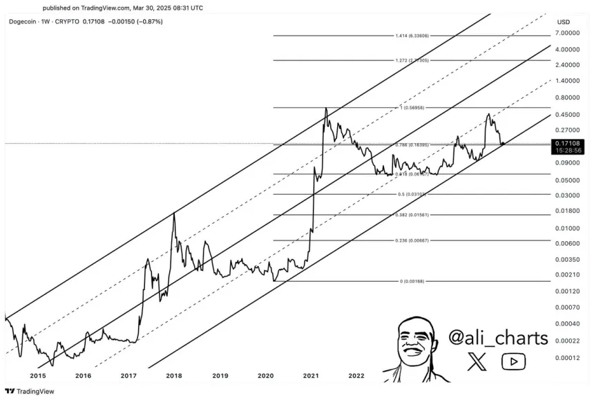 Dogecoin trading within a bullish channel | Source: Ali Martinez on X