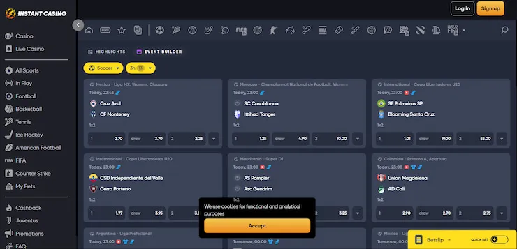 Instant Casino's home page, displaying their Event Builder for crypto betting