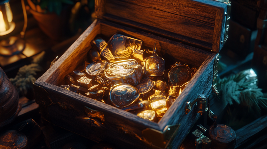 Mystery Box przedstawiający złoto i inne przedmioty w skrzynce.