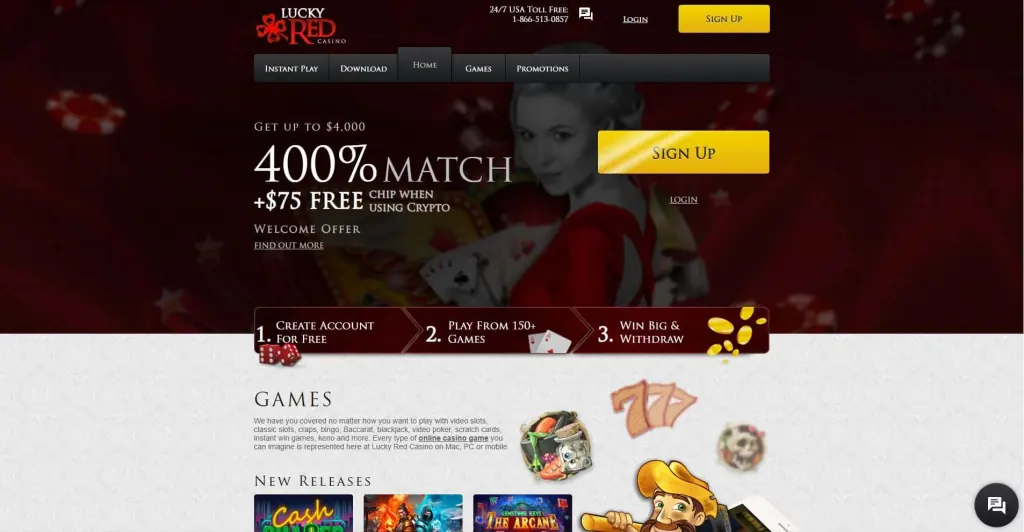 lucky red casino welcome bonus on homepage