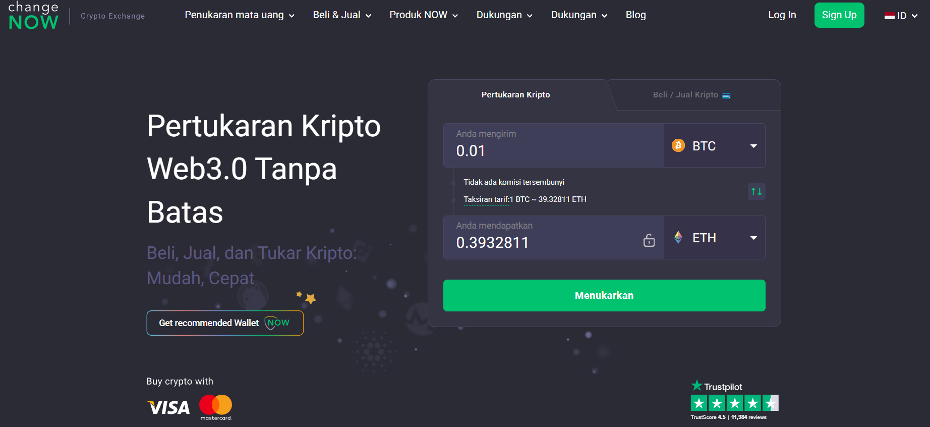 ChangeNow - crypto exchange tanpa KYC terbaik