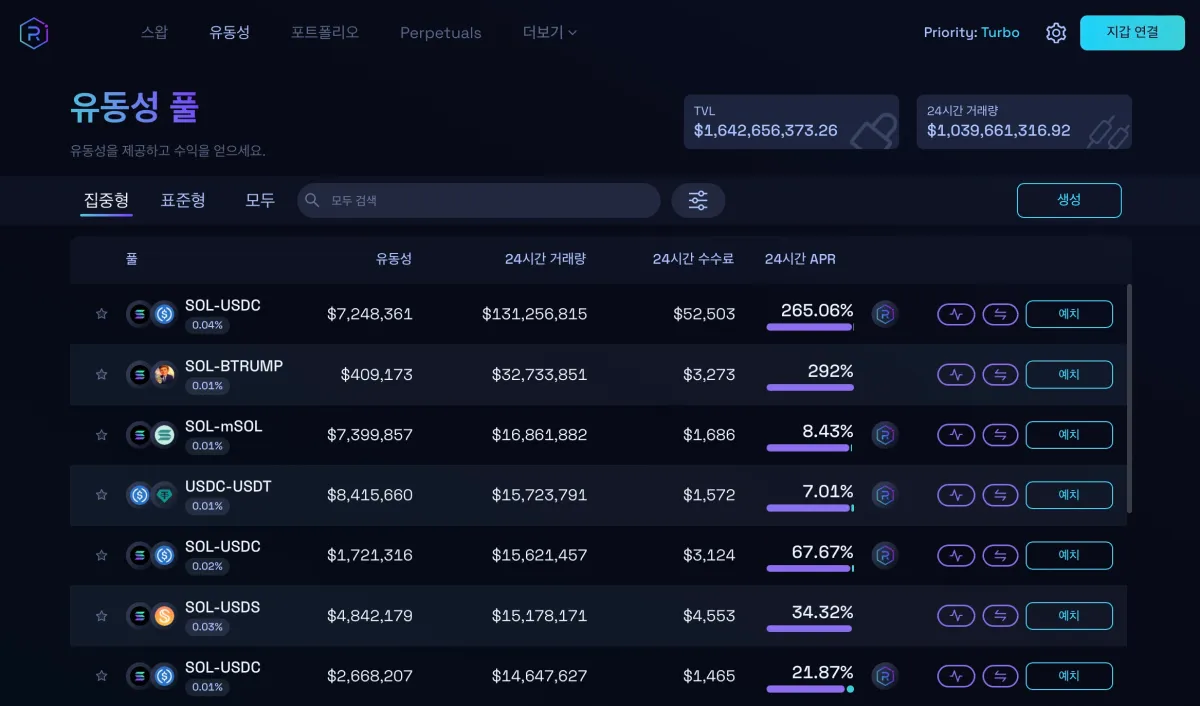 레이디움 유동성 풀 - DEX 거래소 순위