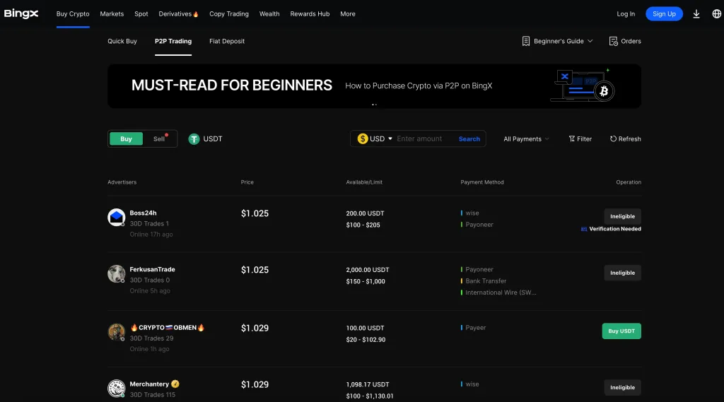 BingX P2P 거래소 페이지