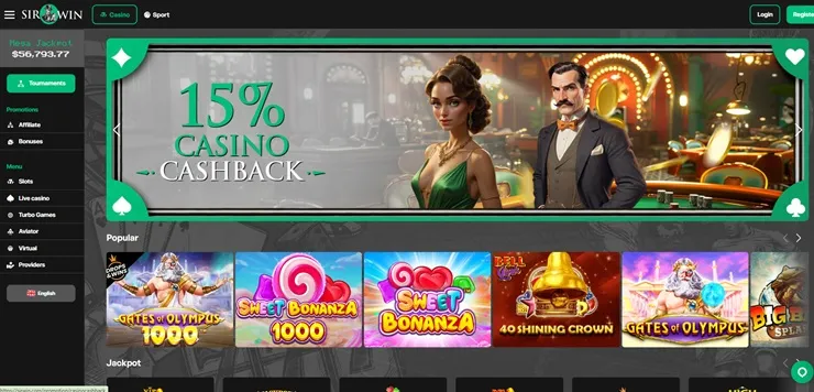 sirwin casino review cashback bonus screenshot