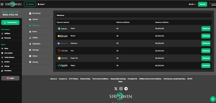 sirwin casino review payout methods screenshot