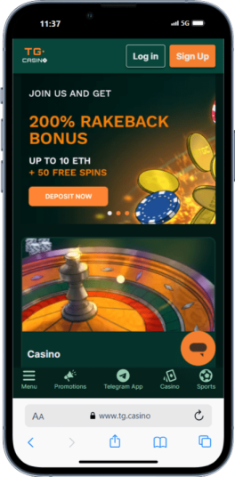 The TG.Casino homepage on mobile.