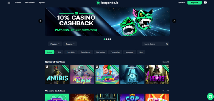 top crypto gambling site - betpanda screenshot of home casino page