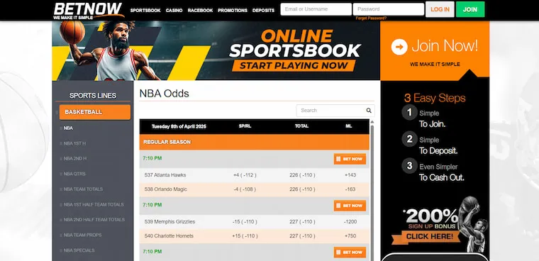 Screenshot of BetNow's home page, including options for New Jersey sports betting.