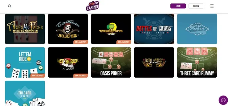 screenshot of cafe casino poker site section