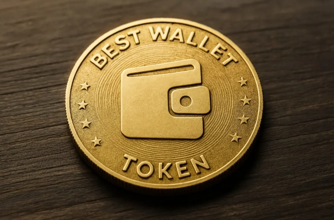 Imagem de um token de carteira digital, destacando seu design moderno e a palavra "BEST WALLET" em destaque.