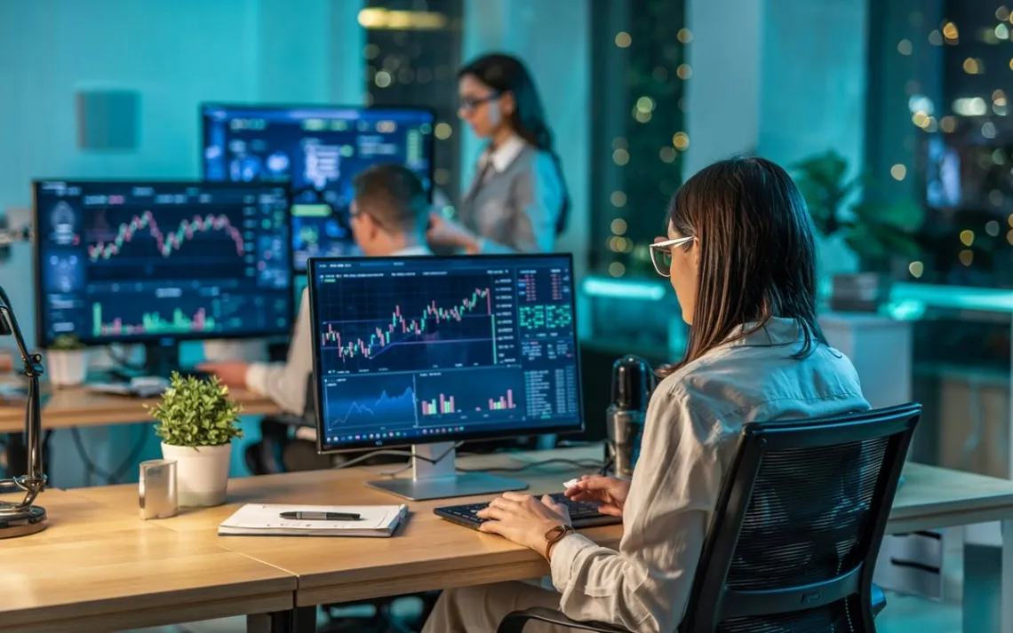 Equipe de analistas financeiros trabalhando em escritório moderno, analisando gráficos e dados em computadores