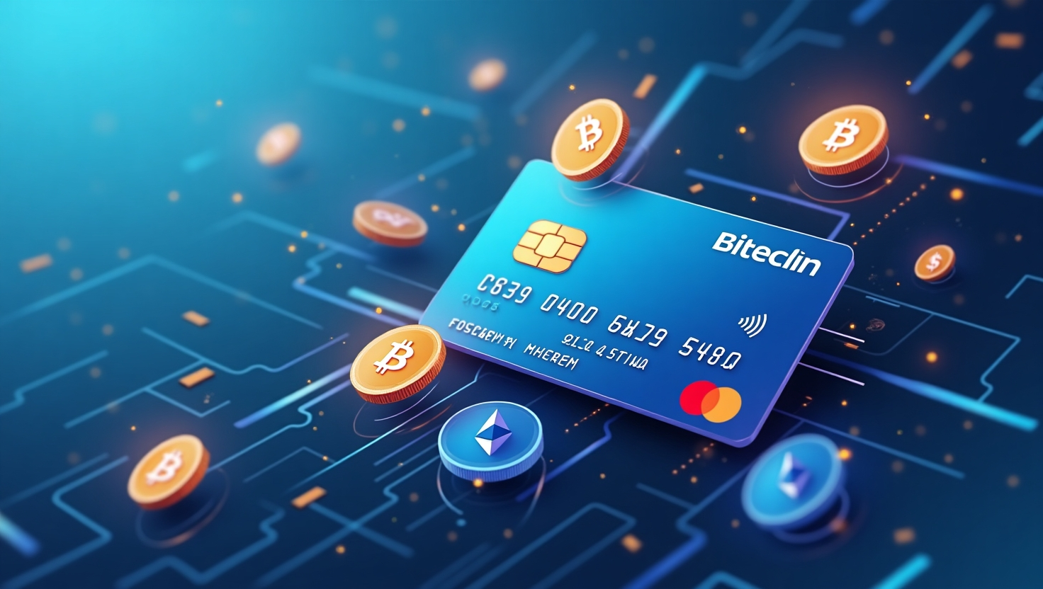 Imagem de um cartão digital da Bitclin, cercado por criptomoedas como Bitcoin e Ethereum, representando o futuro das finanças e pagamentos digitais.