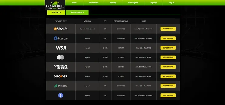 raging bull casino deposit methods