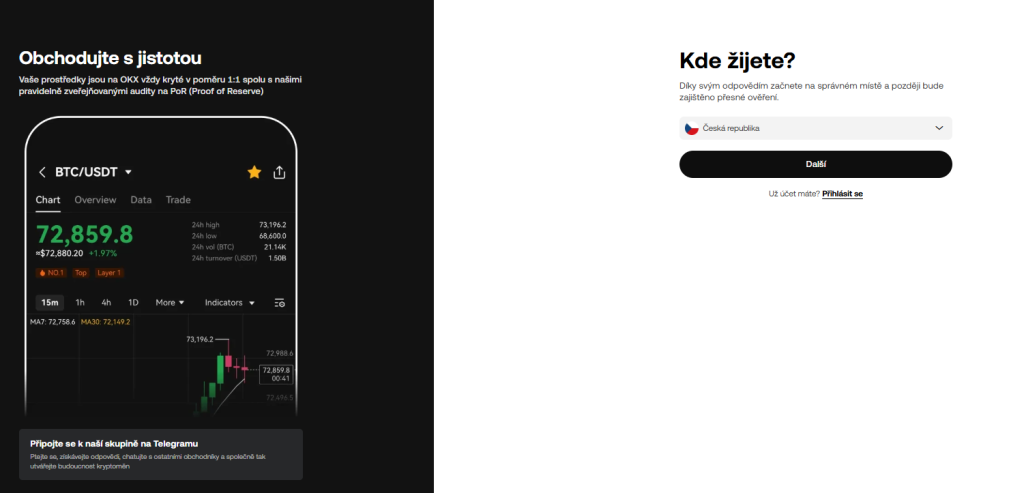 Registrace na platformu OKX.